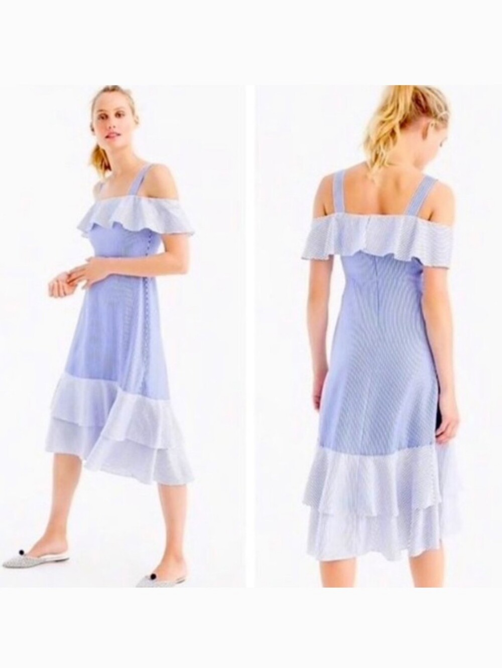 J. Crew Off-Shoulder 100% Silk Blue Stripe Ruffle Midi Dress Sz 14